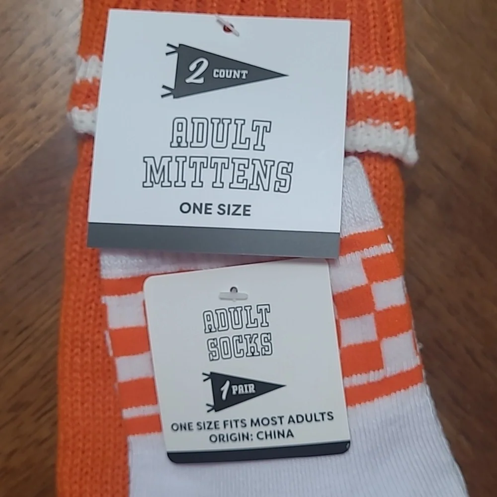 New with tags! Orange and White Warm Mittens with Matching Socks Set